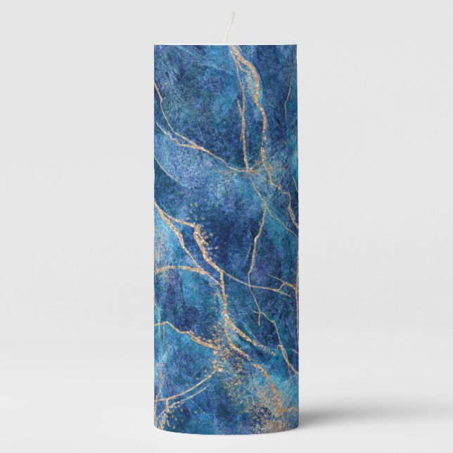 Blue Gold Marble Pretty Pillar Candle (Front)