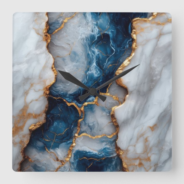 Blue & Gold Marble Square Wall Clock  (Front)