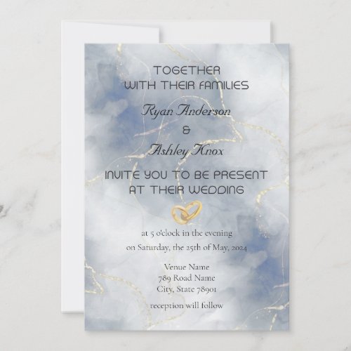 Blue  Gold Marble Texture Wedding Invitation