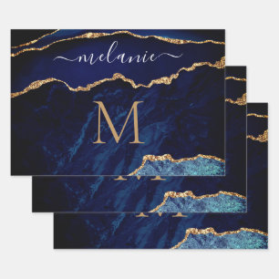 Blue Gold Marble Wrapping Paper Custom Name Letter