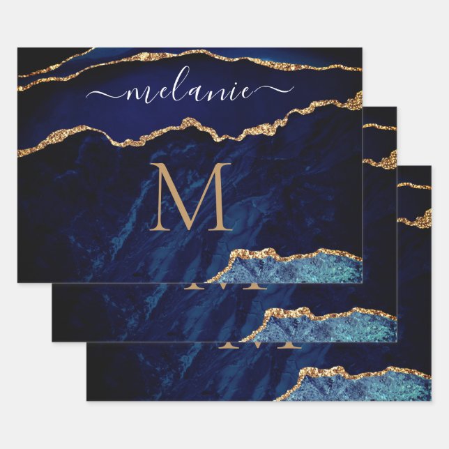 Blue Gold Marble Wrapping Paper Custom Name Letter (Set)