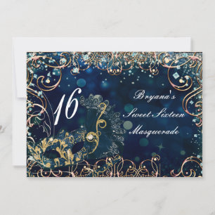 Blue & Gold Masquerade Costume Mask Birthday Party Invitation