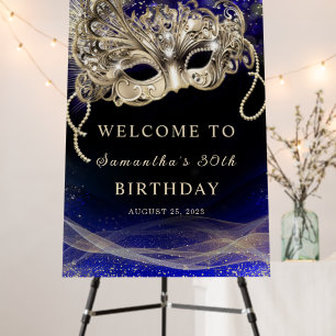 Blue Gold Masquerade Party Welcome Sign