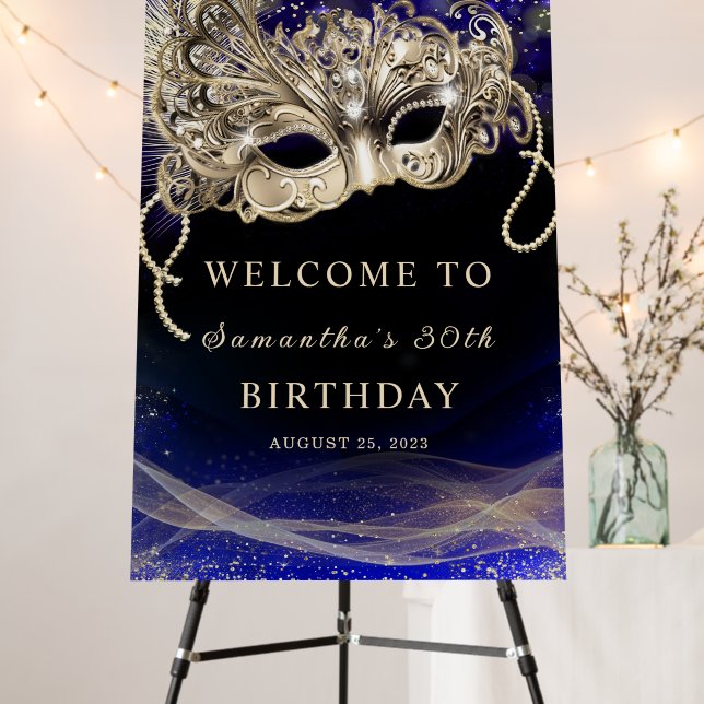 Blue Gold Masquerade Party Welcome Sign (In Situ (Stand))