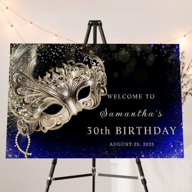 Blue Gold Masquerade Party Welcome Sign (In Situ (Stand))