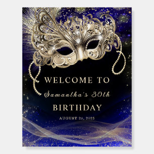 Blue Gold Masquerade Party Welcome Sign