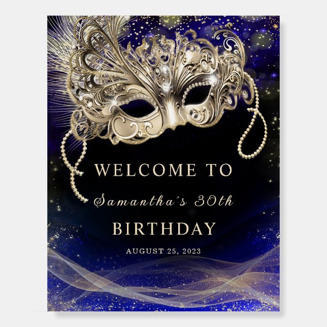 Blue Gold Masquerade Party Welcome Sign (Front)