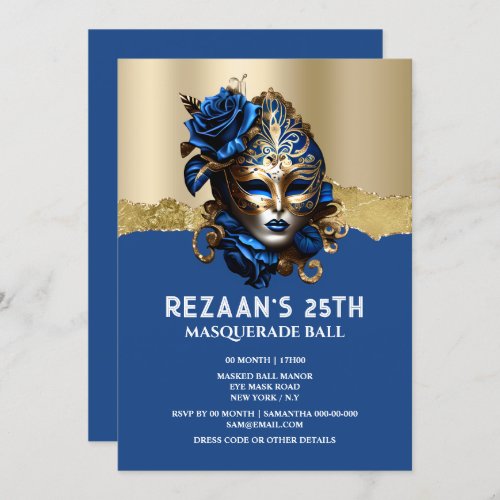 Blue gold masquerade rose elegant girly glam invitation