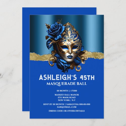 Blue gold masquerade rose Venetian mask girls glam Invitation