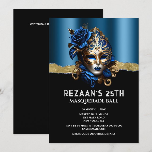 Blue gold masquerade rose Venetian mask glitz glam Invitation (Front/Back)