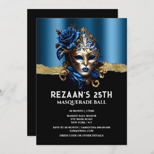 Blue gold masquerade rose Venetian mask glitz glam Invitation