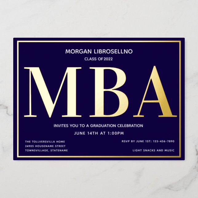 Blue Gold MBA Graduation Foil Invitation (Front)