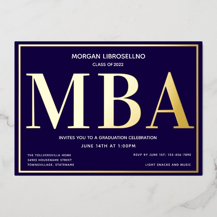 Blue Gold MBA Graduation Foil Invitation Zazzle
