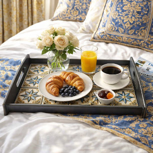 Blue Gold Mediterranean Tiled Star Decor Coffee Serving Tray