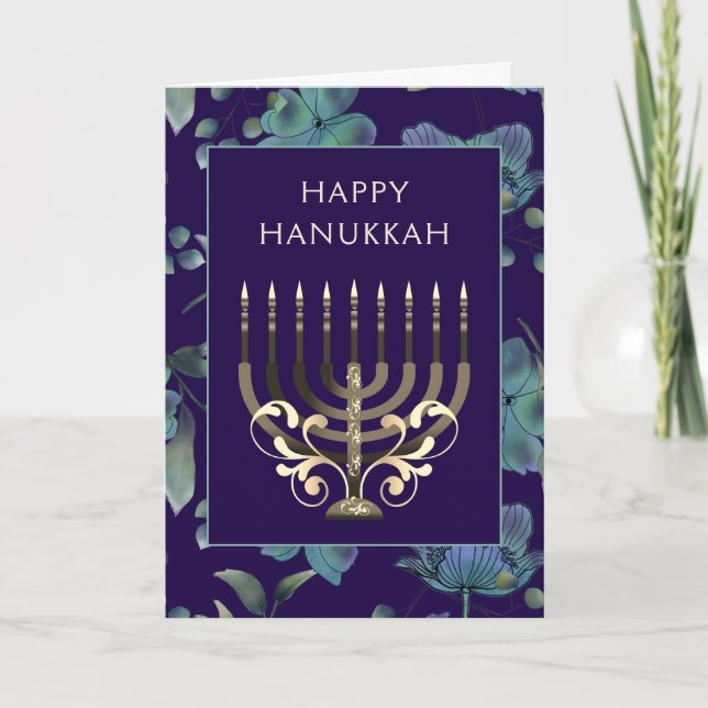 Blue gold Menorah flowers Hanukkah greeting Holiday Card (Front)