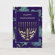 Blue Gold Menorah Flowers Hanukkah Greeting Holiday Card at Zazzle