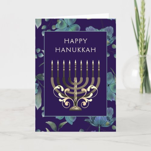 Blue gold Menorah flowers Hanukkah greeting Holiday Card