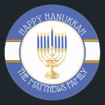 Blue | Gold  Menorah Happy Hanukkah Classic Round  Classic Round Sticker<br><div class="desc">Gold and silver tone Menorah with Blue lit candles and golden Star of David "Happy Hanukkah" original design by Holiday Hearts Designs (all rights reserved).</div>