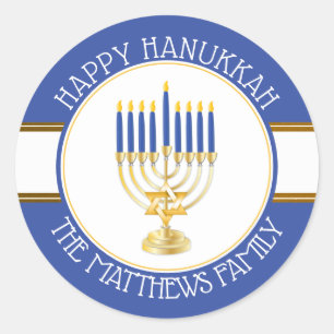 Blue   Gold  Menorah Happy Hanukkah Classic Round  Classic Round Sticker