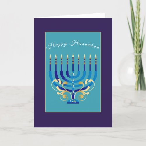 Blue gold Menorah Happy Hanukkah elegant dark blue Holiday Card