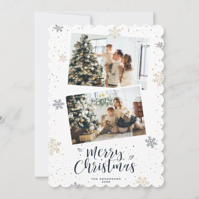 Blue Gold Merry Christmas 2 Photo Holiday Card (Front)