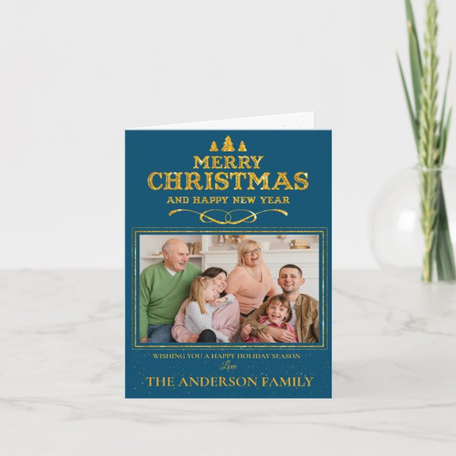 Blue Gold Merry Christmas Happy New Year Photo Holiday Card (Front)