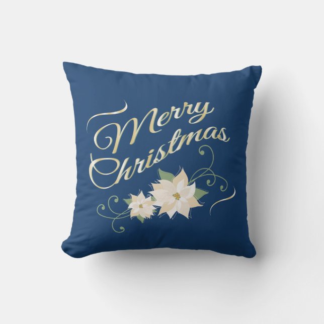 Blue & Gold Merry Christmas & White Poinsettias Throw Pillow (Front)