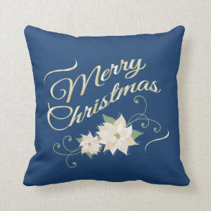 Blue & Gold Merry Christmas & White Poinsettias Throw Pillow