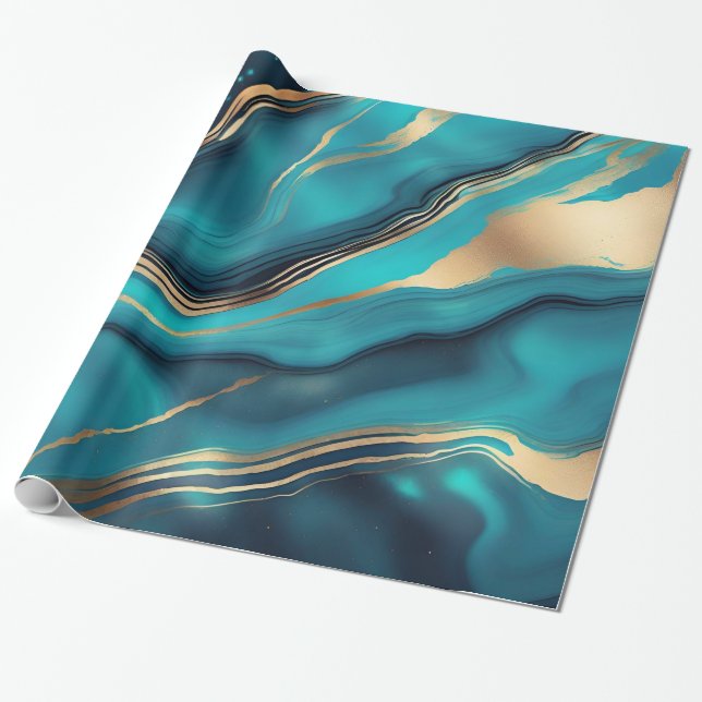  Blue Gold Metallic Marble Stone Wrapping Paper (Unrolled)