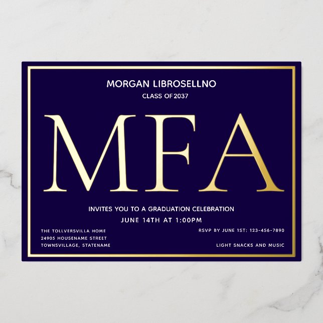 Blue Gold MFA Graduation  Foil Invitation (Front)