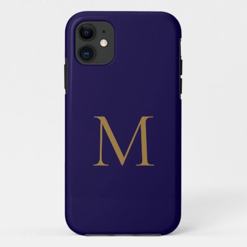 Blue  Gold Minimal Modern Name Initial Monogram iPhone 11 Case