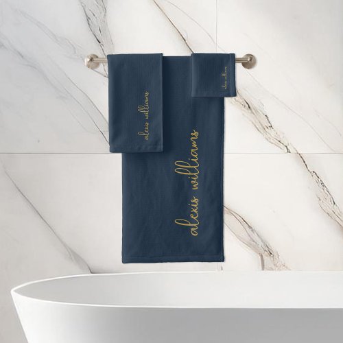 Blue Gold Minimalist Script Signature Monogram Bath Towel Set