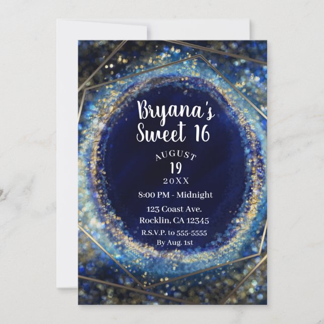 Blue & Gold Modern Abstract Glam Sweet 16 Party Invitation (Front)