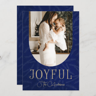 Blue Gold Modern Botanical Arch Joyful Photo Holiday Card