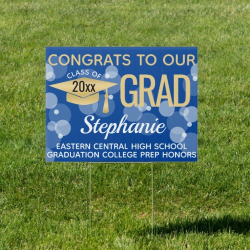Blue Gold Modern Bubbles Congrats Graduation Sign