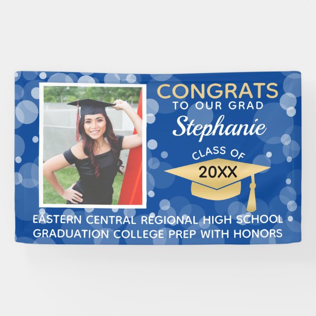 Blue Gold Modern Bubbles Congrats Photo Graduation Banner (Horizontal)