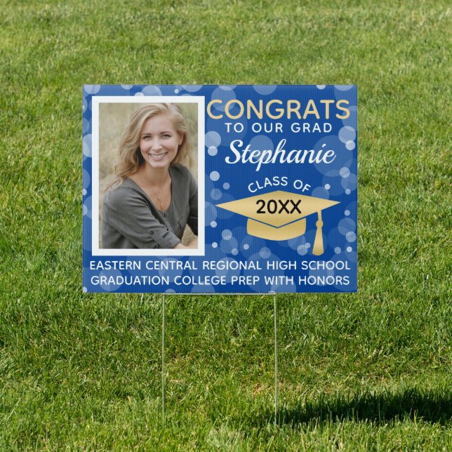 Blue/Gold Modern Bubbles Congrats Photo Graduation Sign (Insitu)