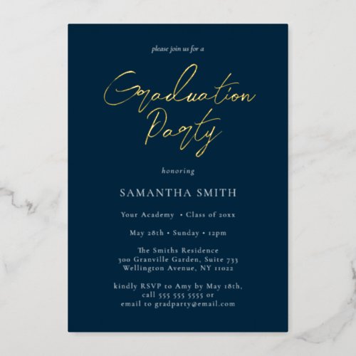 Blue Gold Modern Calligraphy Graduation Party Foil Invitation