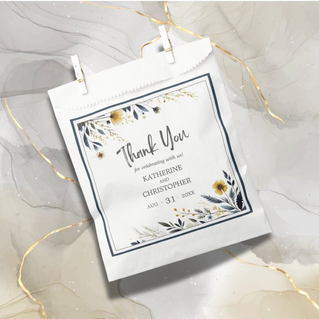 Blue Gold Modern Elegant Floral Wedding Favor Bag (Blue Yellow Wildflower Floral Elegant Wedding Favor Thank You Bag.)