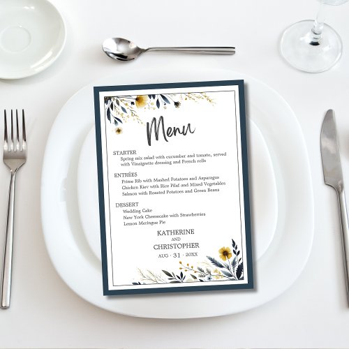 Blue Gold Modern Elegant Floral Wedding Menu