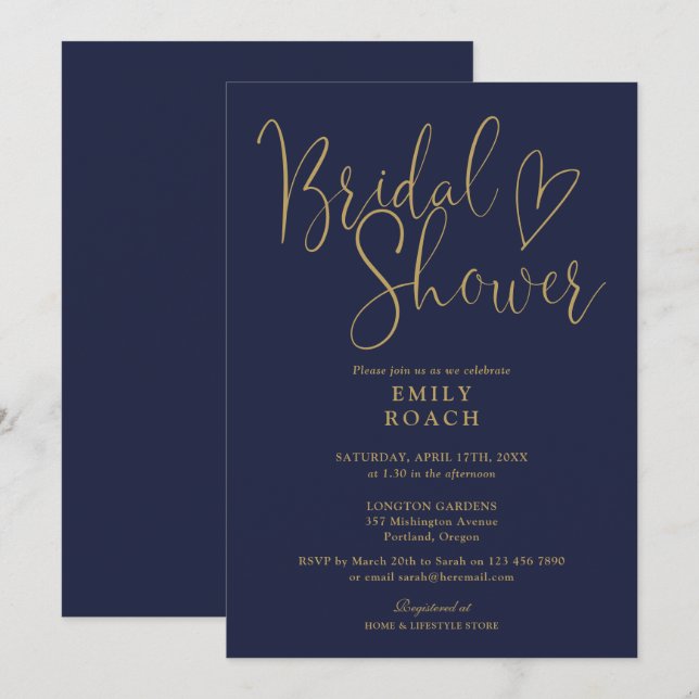 Blue Gold Modern Elegant Script Bridal Shower Invitation (Front/Back)