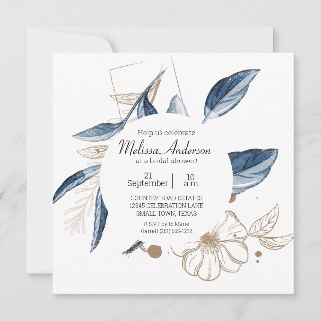 Blue Gold Modern Floral Elegant Bridal Shower Invitation (Front)