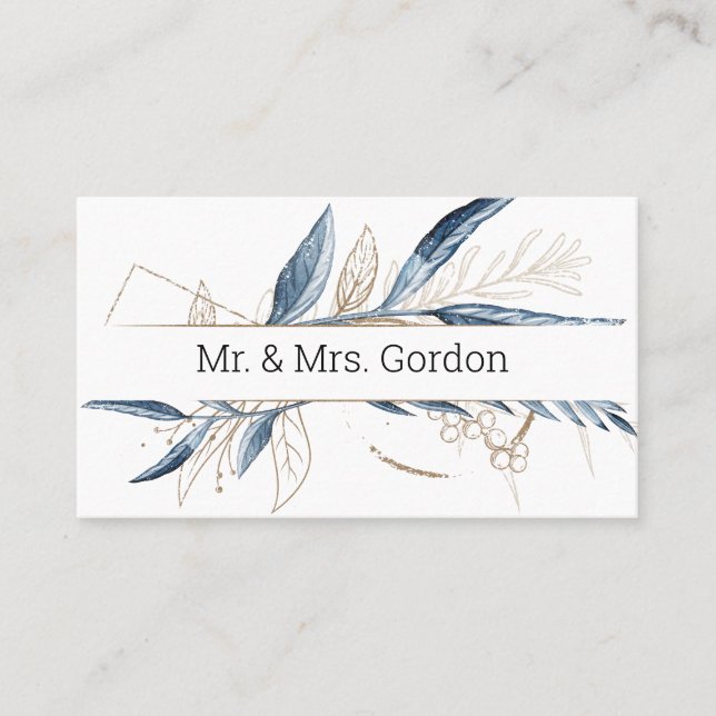 Blue Gold Modern Floral Elegant Escort Card (Front)