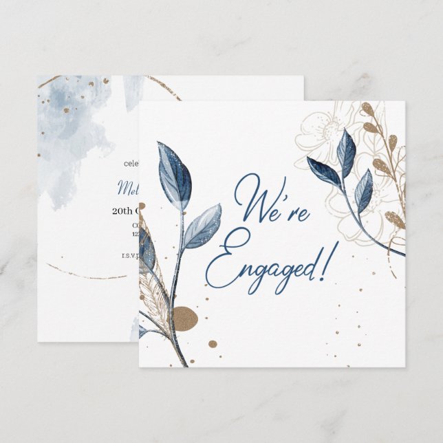 Blue Gold Modern Floral Elegant Glitter Engagement (Front/Back)