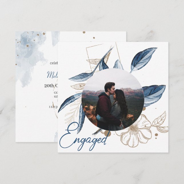 Blue Gold Modern Floral Elegant Glitter Engagement (Front/Back)