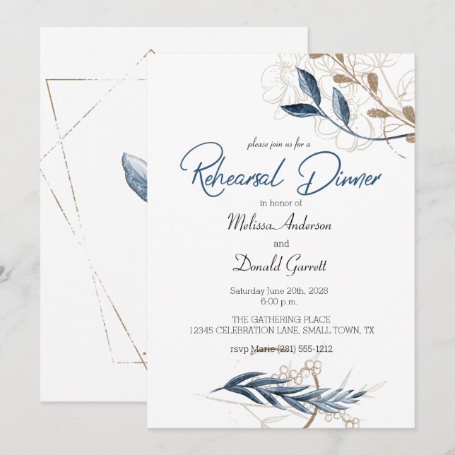 Blue Gold Modern Floral Elegant Rehearsal Dinner (Front/Back)