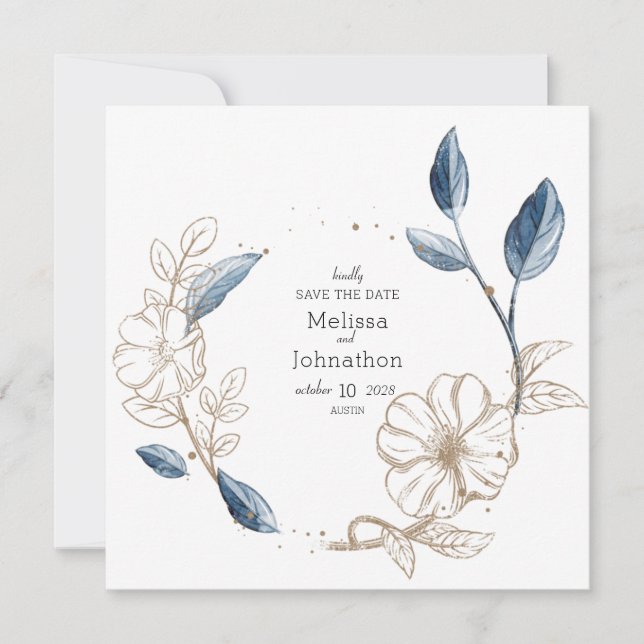 Blue Gold Modern Floral Elegant Save The Date (Front)