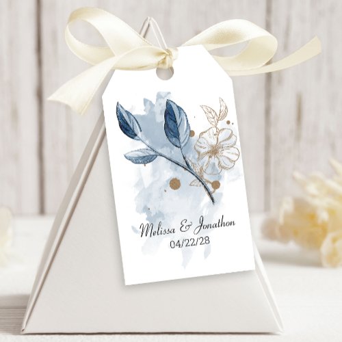 Blue Gold Modern Floral Elegant Wedding Gift Tags
