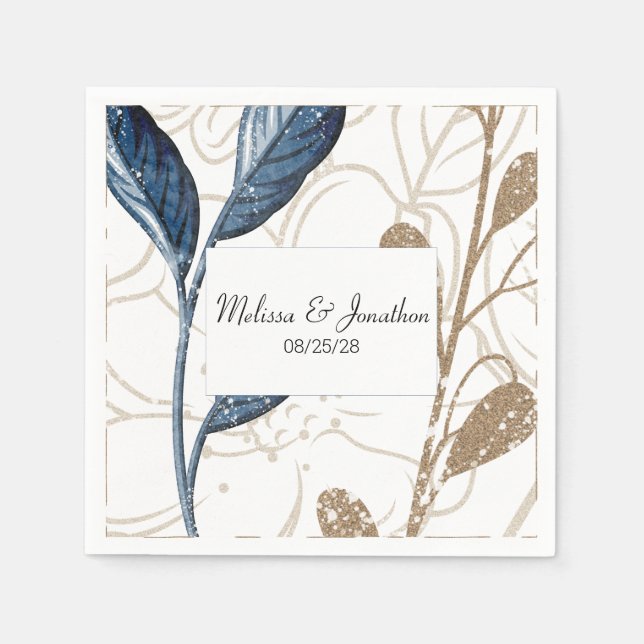 Blue Gold Modern Floral Elegant Wedding Napkins (Front)