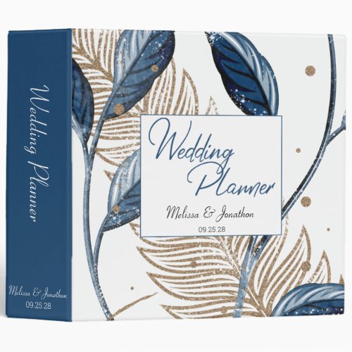 Blue Gold Modern Floral Elegant Wedding Planner 3 Ring Binder